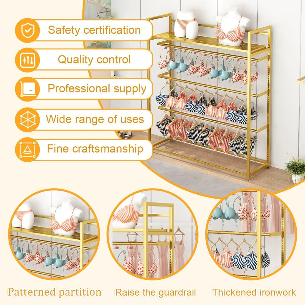 Lingerie Bra Rack Swimsuit Organizer Hanger, Underwear Display Rack with Adjustable Support, Freestanding Clothing Store Boutiques Retail Lingerie Garment Racks(Gold,150cm)