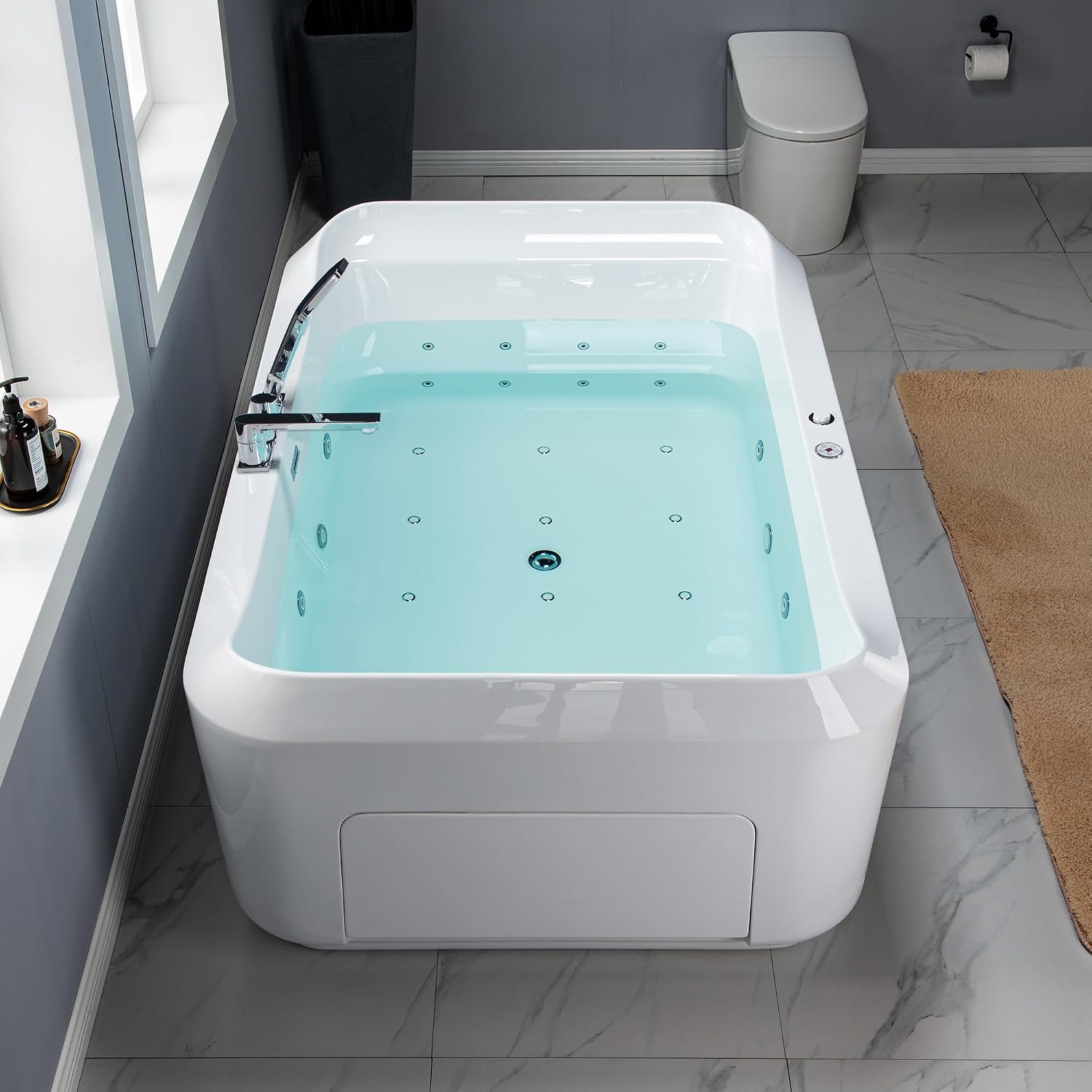 WOODBRIDGE 70-7/8'L x 47-1/4'W 2 Person Freestanding Hydrotherapy Whirlpool and Air Bath Heated Soaking Combination Massage Tub with Adjustable Speed Air Blower and Display Control Panel, B0091