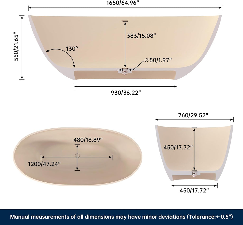 Stone Resin Freestanding Bathtub 65', Elegant Oval Shape Soaking Tub, Solid Surface Stand Alone Bathtub with Drain & Integrated Slotted Overflow AMFS303-1650 milky coffee
