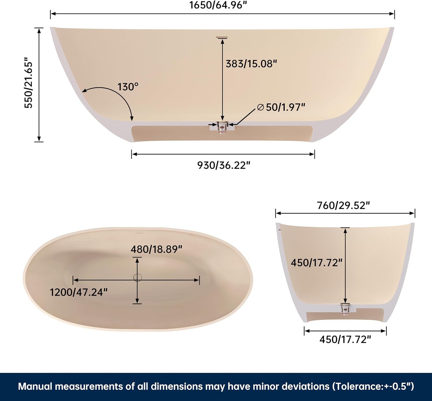Stone Resin Freestanding Bathtub 65', Elegant Oval Shape Soaking Tub, Solid Surface Stand Alone Bathtub with Drain & Integrated Slotted Overflow AMFS303-1650 milky coffee
