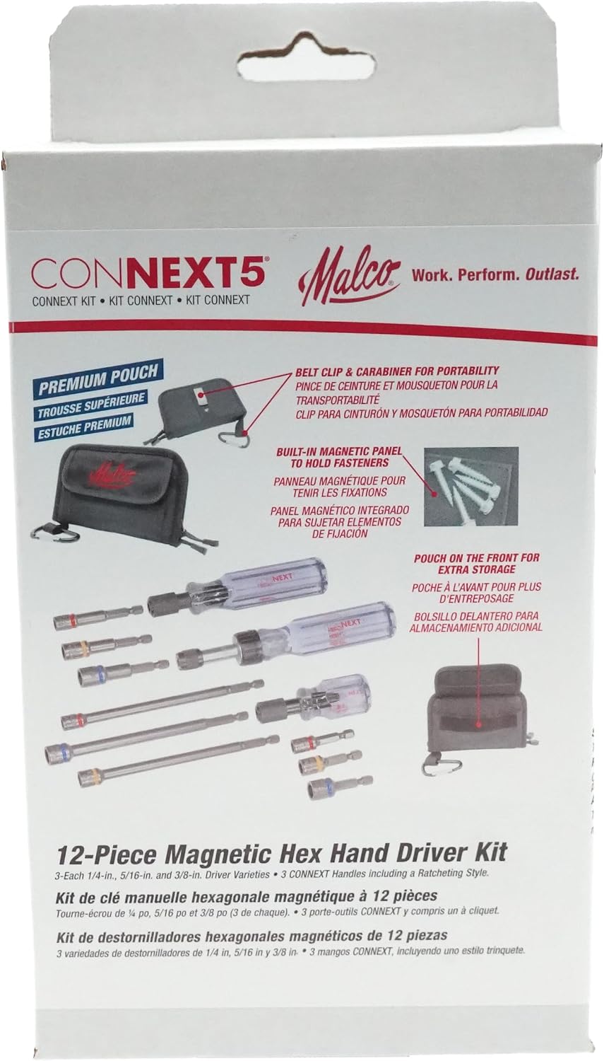 Malco CONNEXT5 Magnetic Hex Hand Driver Kit, Black case, 12-Piece
