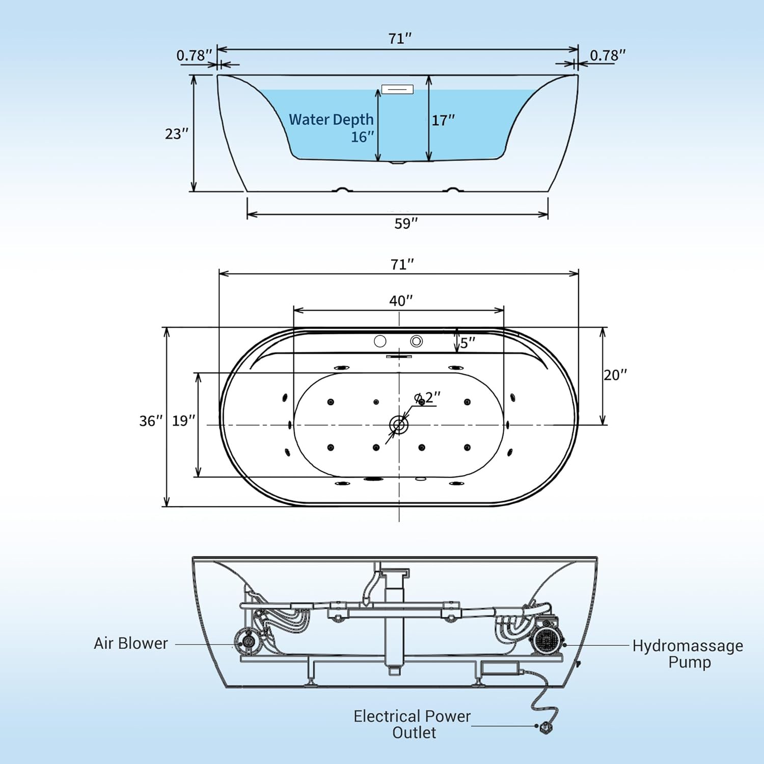 Acrylic Freestanding Bathtubs 71 inch Massage and Air Bubble Jets – Glossy White Soaking Bathtub, Free Standing Bathtub with Heater and Digital Panel, Stand Alone Tub Bathtubs for Bathroom