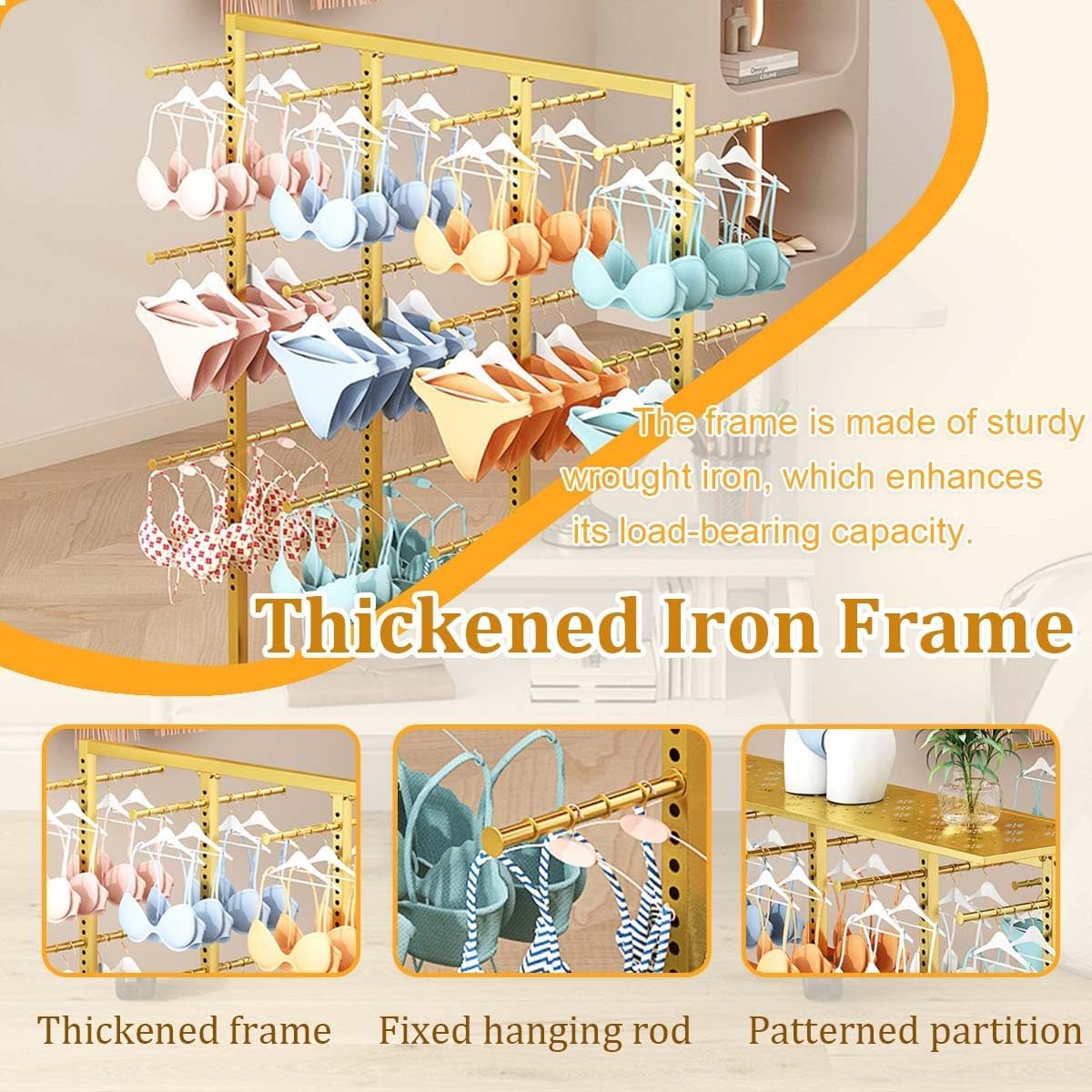 Underwear Display Rack, Coat Rack Stand with Adjustable Shelf Spacing, Freestanding Clothing Store Boutiques Retail Lingerie Garment Racks for Socks Bra Panties(Gold)