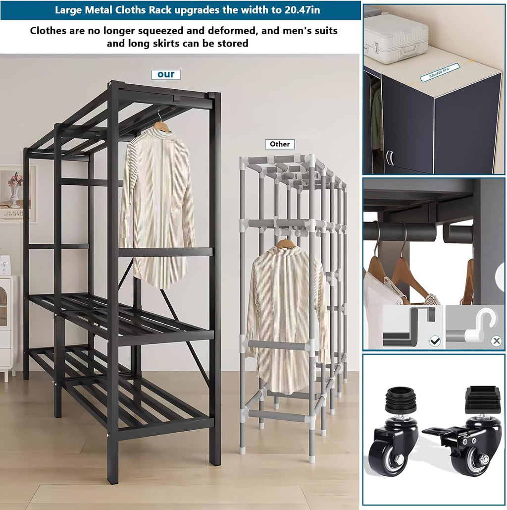 Heavy Duty Covered Clothes Rack with Magnetic Door Foldable Portable Wardrobe Closet for Hanging Clothing Rolling Black Metal Garment Rack on Wheels Closet System (Navy Blue, 49in)