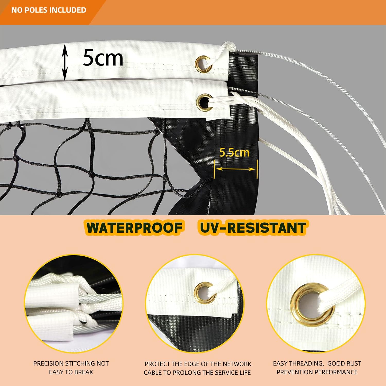 Professional Volleyball Net Heavy Duty Replacement Net - 32x3 FT - Steel Cable & Reinforced Dowels, 4' Square Mesh - for Outdoor Indoor, Backyard, Beach, Court, Pool, Park, School, Drills