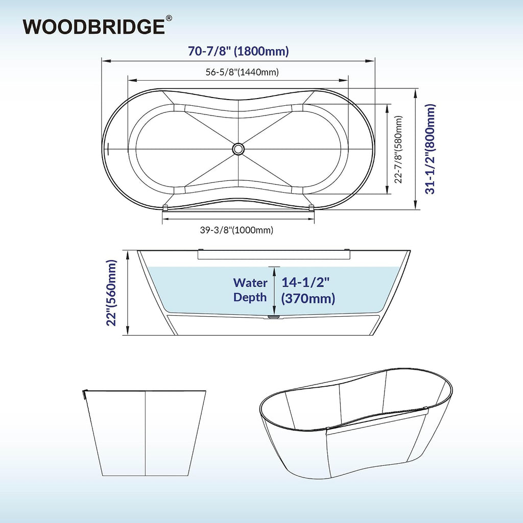 WOODBRIDGE 71' L x 31-1/2' W Luxury Contemporary Solid Surface Stone Resin Freestanding Bathtub in Matte White