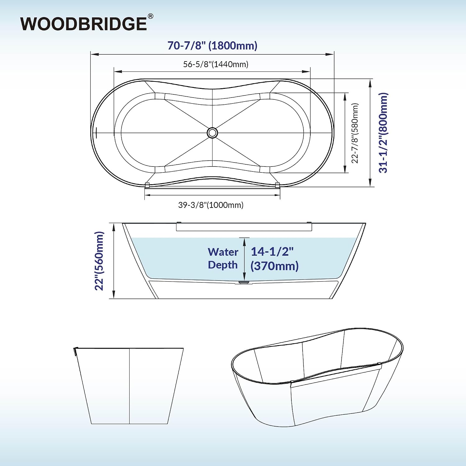 WOODBRIDGE 71' L x 31-1/2' W Luxury Contemporary Solid Surface Stone Resin Freestanding Bathtub in Matte White