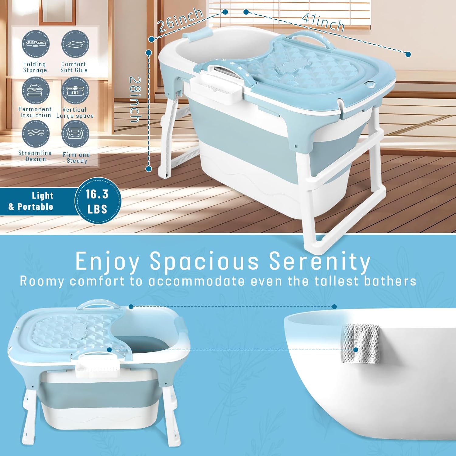 41 Inch Foldable Bathtub for Adults, Large Portable Tub for Shower, Effortless Collapsible Bathtub Adult for Spacious Bathrooms & Outdoor Use, Ideal for Ice Baths & Hot Baths (Blue, 41 Inch)