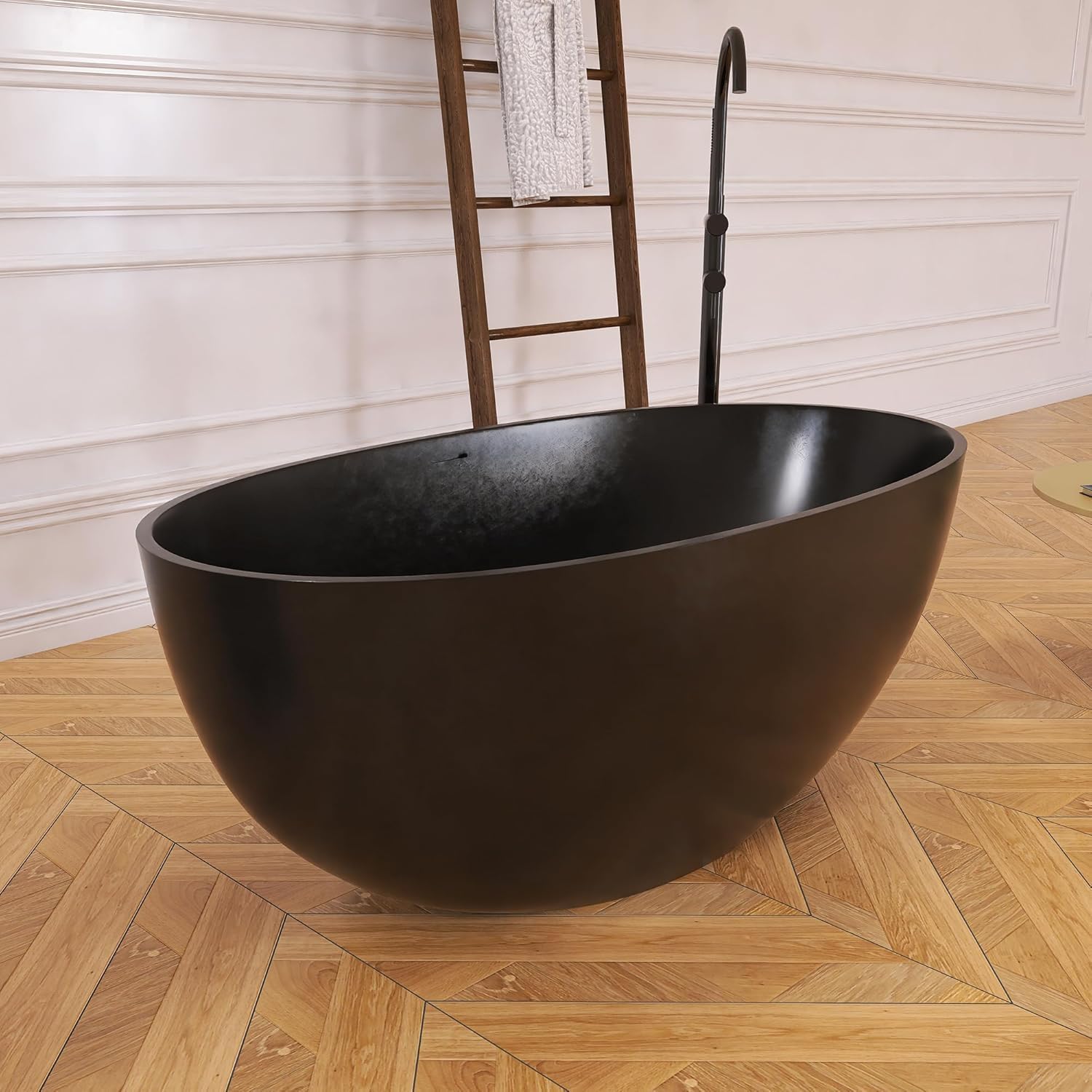 Oval 55' Freestanding Tub, Solid Surface Bathtub Matte Black | Stone Resin, Overflow and Pop up Drain, Solid Surface Bathroom Soaking Tub, Cupc Certified, Contemporary