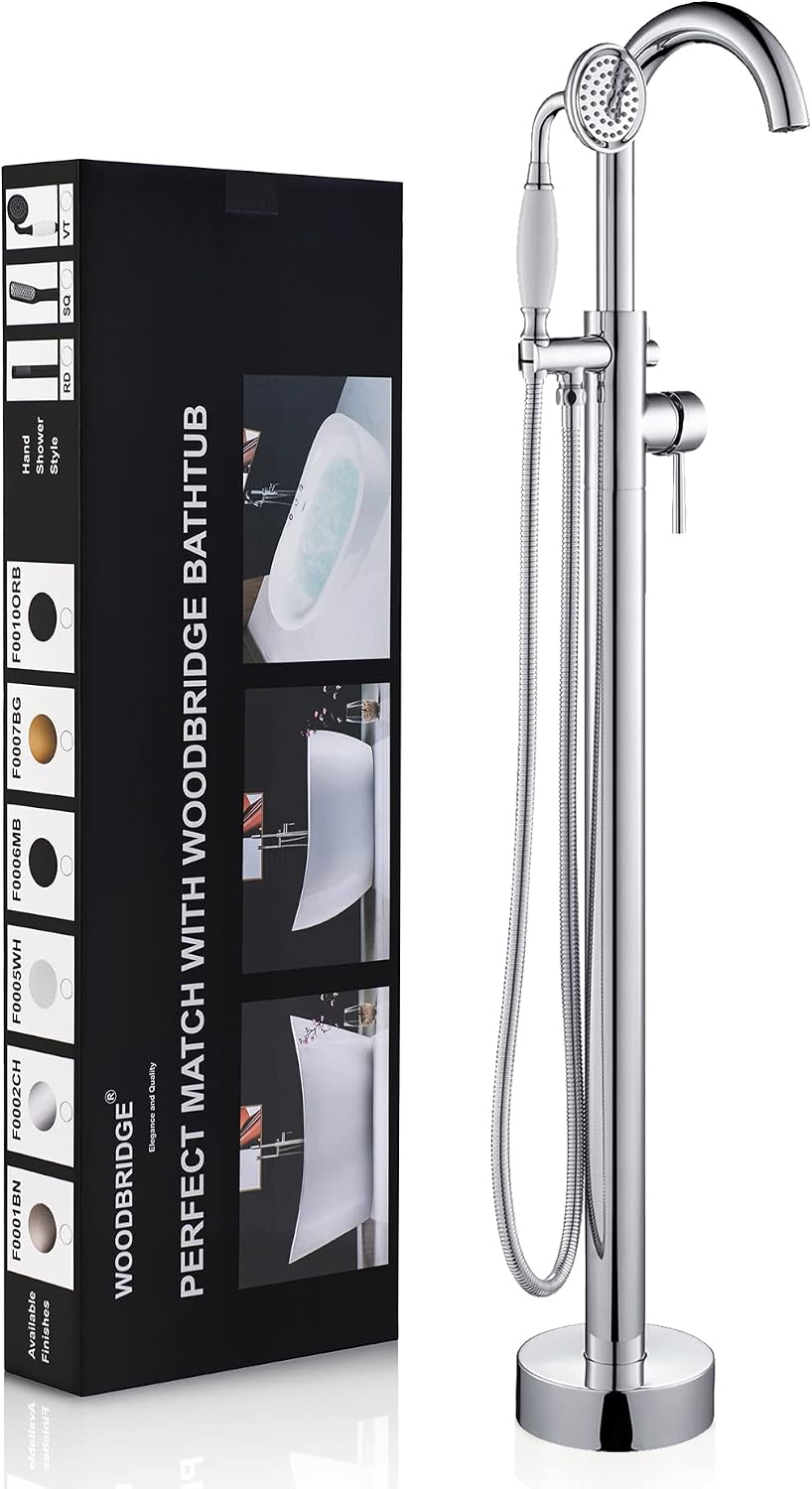 WOODBRIDGE WOODBRIDGEE Contemporary Single Handle Floor Mount Freestanding Tub Filler Faucet with Hand Shower in (Chrome) Finish,F0002-CHVT, Chorme I
