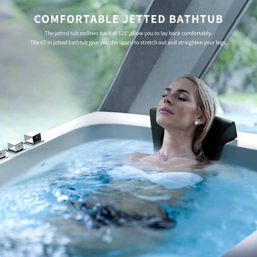 Empava 67' Whirlpool Bathtub with Chromatherapy, Hydrotherapy Jetted Bathtub with Glass Panel, 11 Jets,3-Side Apron,67 Gallons,ETL Certified, White