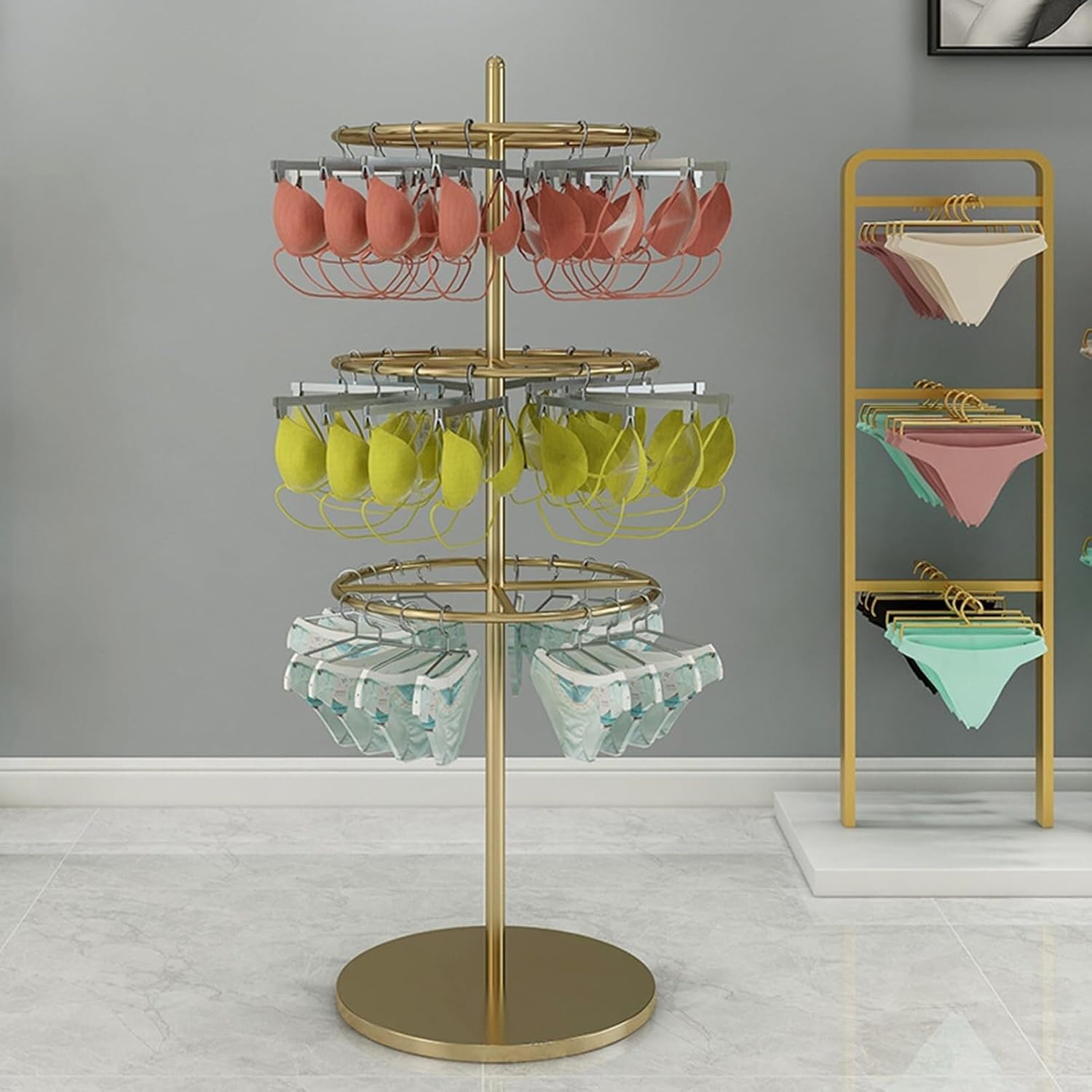 Customize what you need Clothing Store Underwear Rack, Retail Store Panty Shorts Bra Display Stand, 3/4 tiers Floor-standing Garment Hanger Organizer for Shoppi(Gold 3 Tiers)