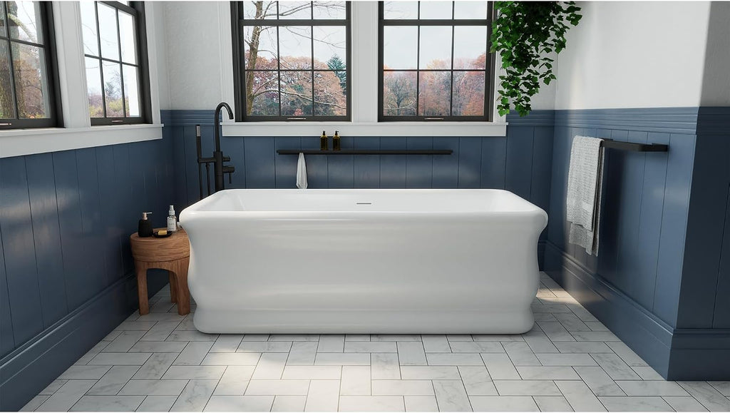 Crest 59 in. L x 31-1/2 in. W x 23-5/8 in. H Freestanding Acrylic Bathtub, Brushed Brass Drain