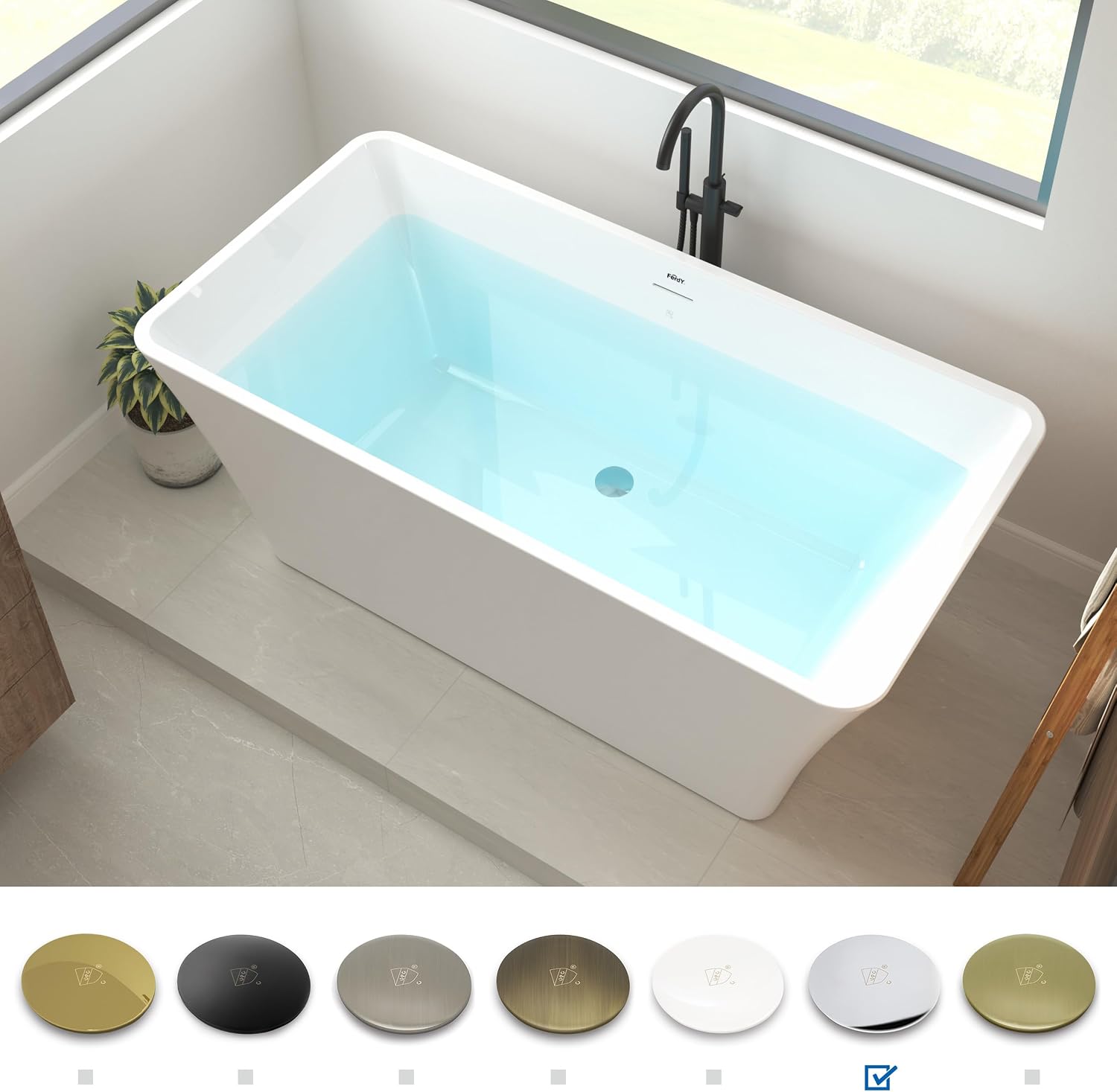 FerdY Sentosa 59' Acrylic Freestanding Bathtub, Contemporary Design Soaking Tub with Polished Chrome Drain and Minimalist Linear Design Overflow, Easy to Install
