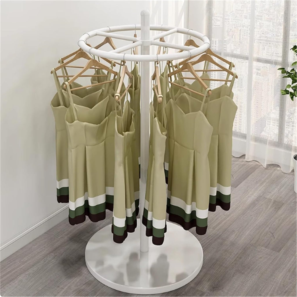 Round Garment Rack, 360° rotation, Floor Standing Clothing Stand, Clothes Retail Display Shelf, for Bedroom Boutique Commercial Shop Laundry Room(White)
