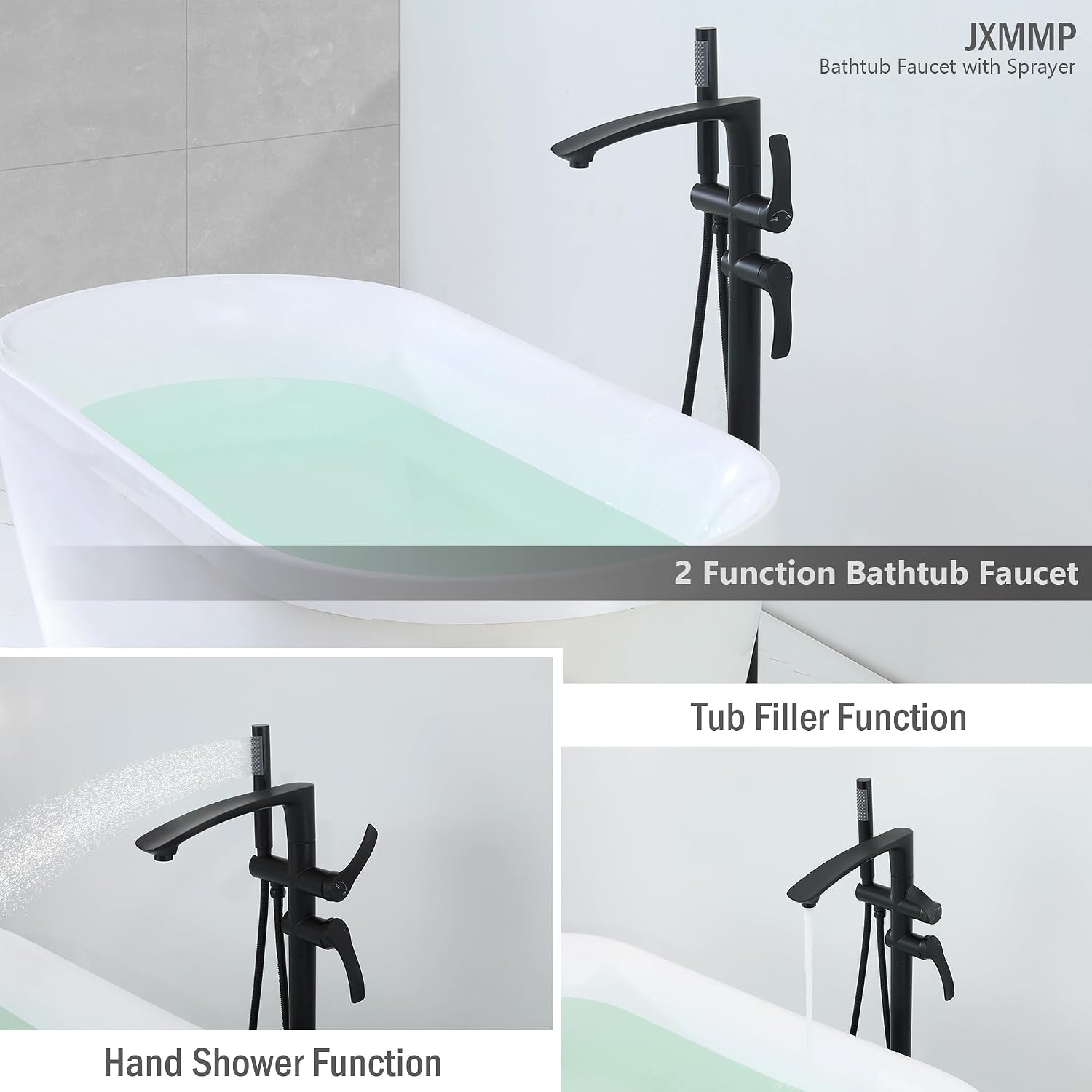 Freestanding Bathtub Faucets, Matte Black Stainless Steel Floor Mount Tub Filler with 360 Swivel Spout and Handheld Shower, High Flow Bathtub Faucet Set JXM-F001BK