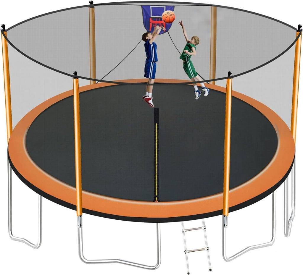 1500LBS 16FT 15FT 14FT 12 FT 10FT 8FT Tranpoline for Kids and Adults with Sprinkler, Lights with Music Speaker, Socks, Water Ball, Heavy Duty Outdoor Tranpoline with Net Enclosure and Ladder