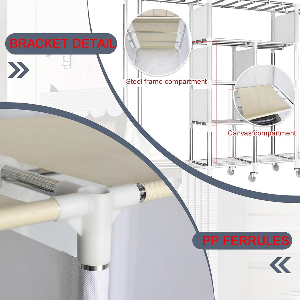 Heavy-duty Foldable Wardrobe Closet, Portable Clothing Organizer Storage Rack, Clothe Rack with Wheel W/cover