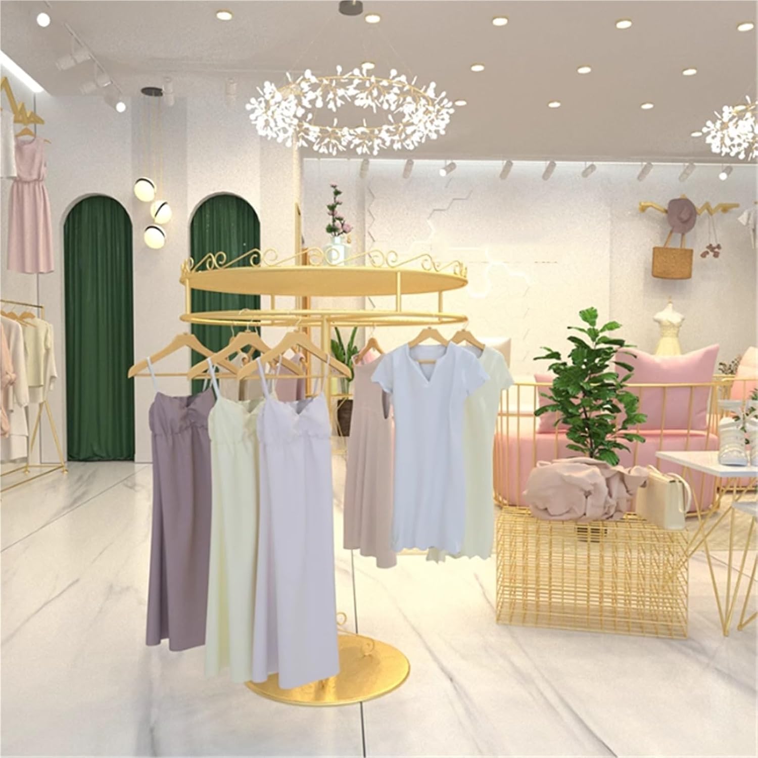 Metal Garment Rack with Top Shelf, Round, Floor Standing Clothing Display Stand, 360° Rotating, Multi-Purpose, for Bedroom Boutique Retail(Gold,50 * 135cm)