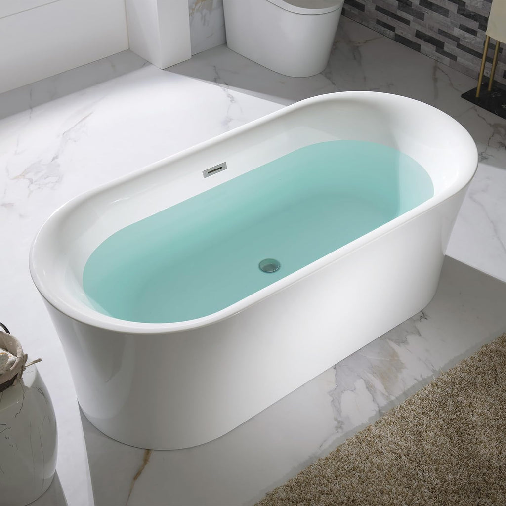 WOODBRIDGE 67' Acrylic Freestanding Bathtub Contemporary Soaking Tub with Brushed Nickel Overflow and Drain,White Tub,B0057-BN
