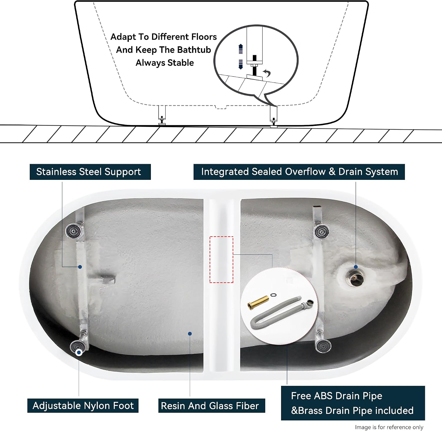 FerdY Lana'i 67' Freestanding Bathtub, Gracefully Shaped Freestanding Soaking tub, Glossy White, cUPC Certified, Brushed Nickel Drain Assembly Included
