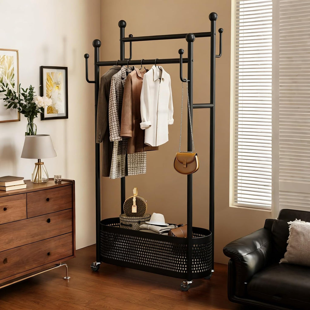Modern Clothes Rack,Rolling Garment Rack with Storage Basket – Double Rod Clothing Organizer on Wheels for Bedroom, Closet or Entryway – Metal Coat Stand with Hooks(Black,60cm(23.6in))