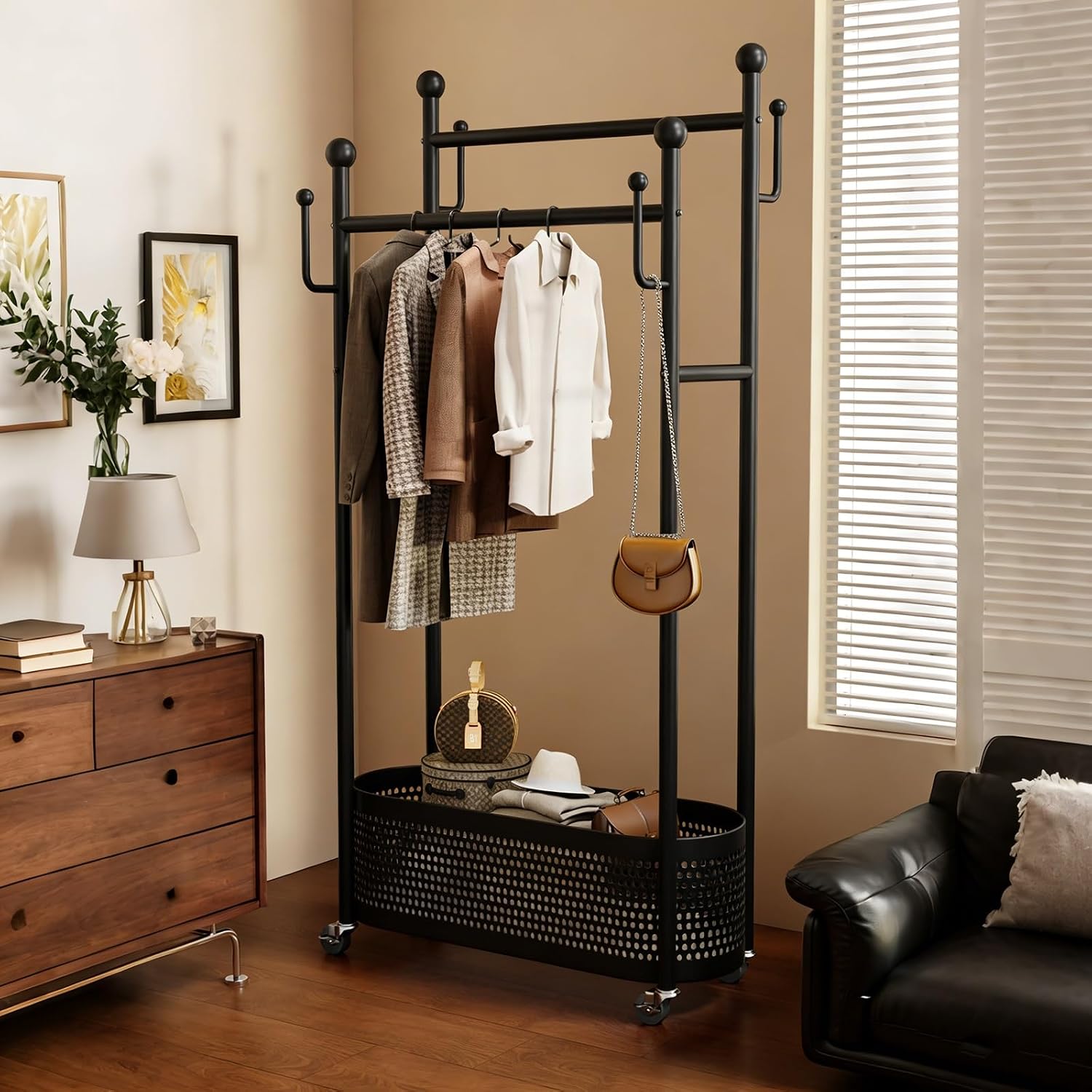 Modern Clothes Rack,Rolling Garment Rack with Storage Basket – Double Rod Clothing Organizer on Wheels for Bedroom, Closet or Entryway – Metal Coat Stand with Hooks(Black,60cm(23.6in))