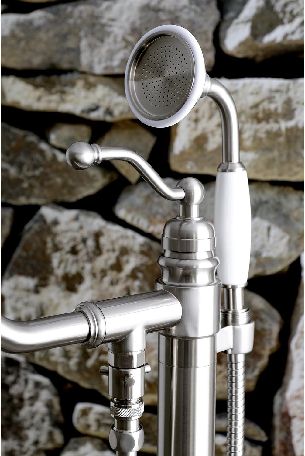 Kingston Brass KS7138ABL English Country Single Handle Freestanding Roman Tub Faucet with Hand Shower, Brushed Nickel