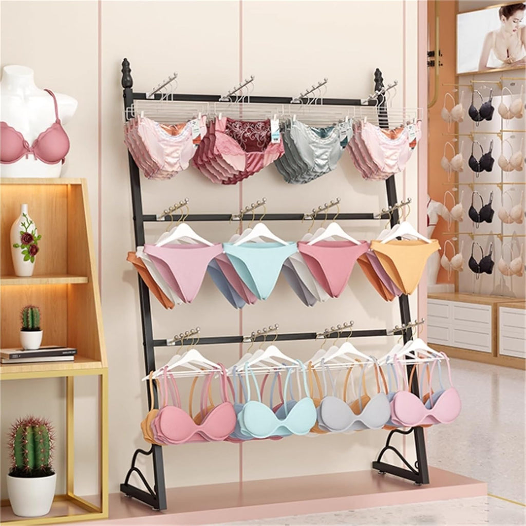 3 Tier Lingerie Garment Rack, Metal, Underwear Sock Display Stand with Hooks, Retail Organizer Clothes Rod, for Bras, Shorts, Socks, Hats(White,100 * 35 * 130cm)
