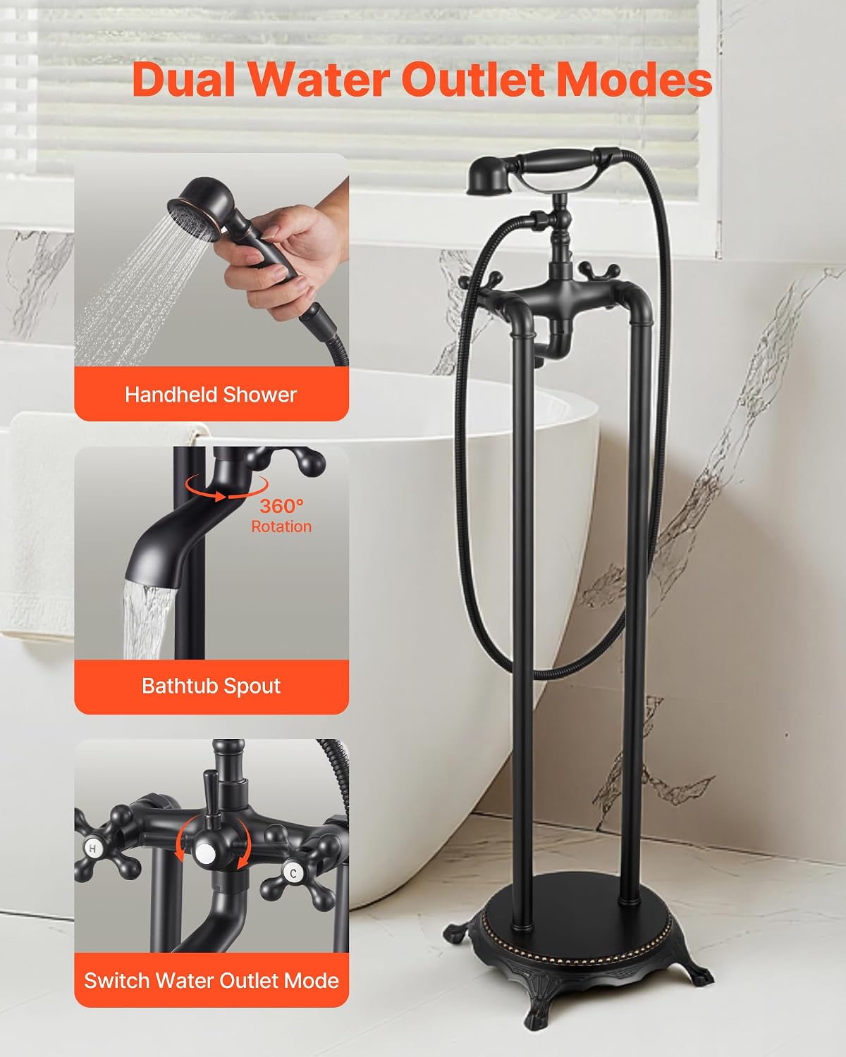 VEVOR Clawfoot Bathtub Faucet, Freestanding Tub Faucets with Handheld Shower, Vintage Oil-Rubbed Bronze Tub Filler Faucet Shower Kit with 360° Rotation Spout & 59-inch Long Hose for Bathtubs