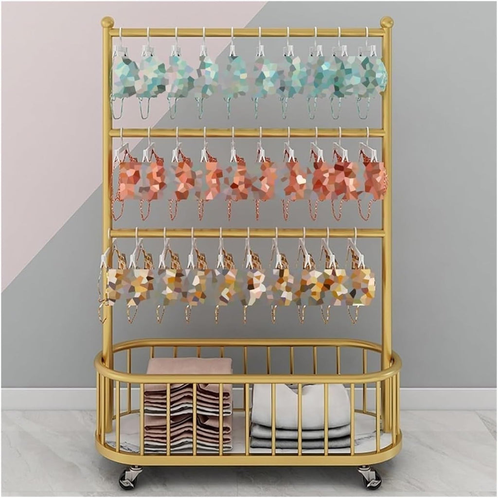Clothes Rail Garment Rack 3-Tier Floor-Standing Bra Rack, Metal Underwear Panty Shorts Display Stand with Wheels, Storage Shelf for Bedroom/Boutique/C