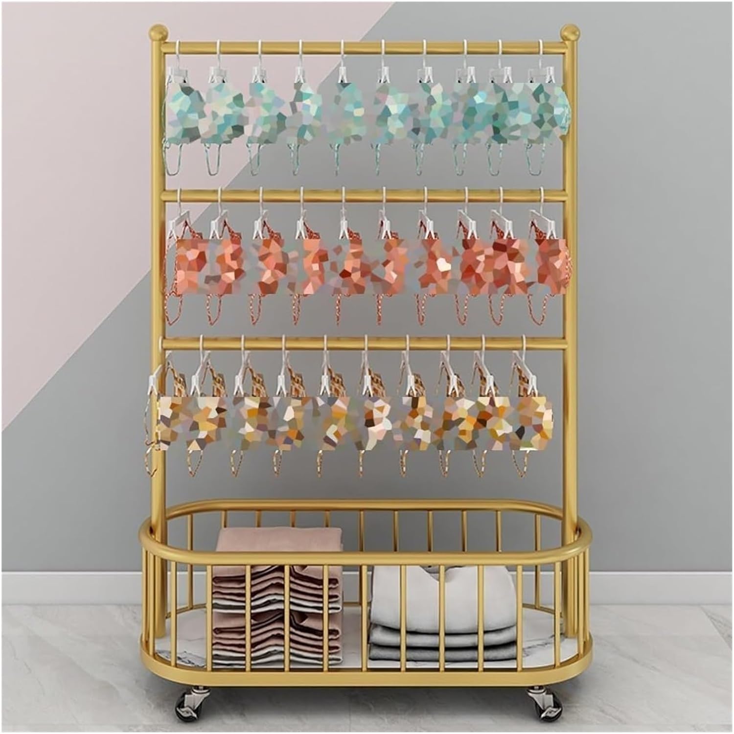 Clothes Rail Garment Rack 3-Tier Floor-Standing Bra Rack, Metal Underwear Panty Shorts Display Stand with Wheels, Storage Shelf for Bedroom/Boutique/C