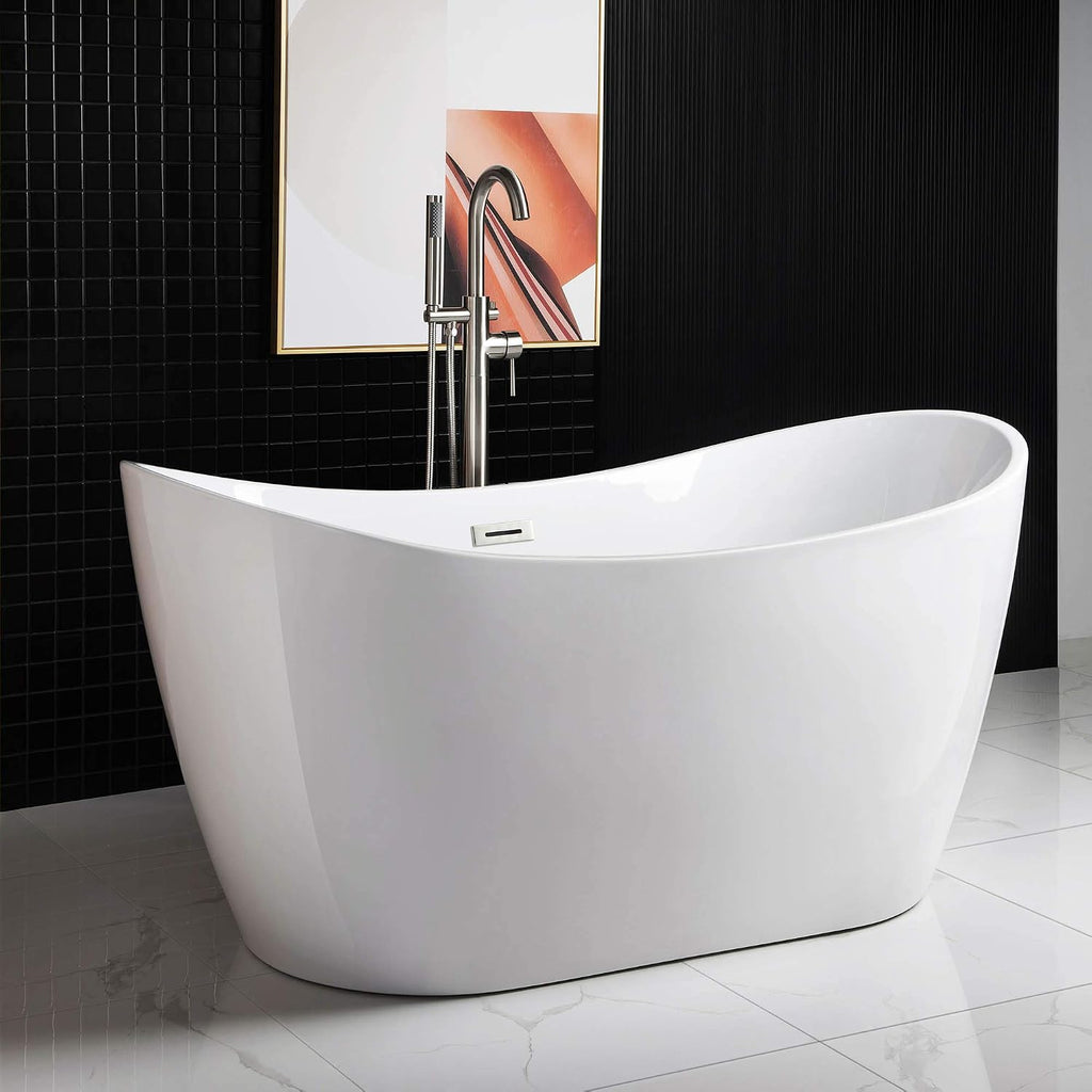 WOODBRIDGE 59' Acrylic Freestanding Bathtub Contemporary Soaking Tub with Brushed Nickel Overflow and Drain B-0016 -B/N-Drain &O