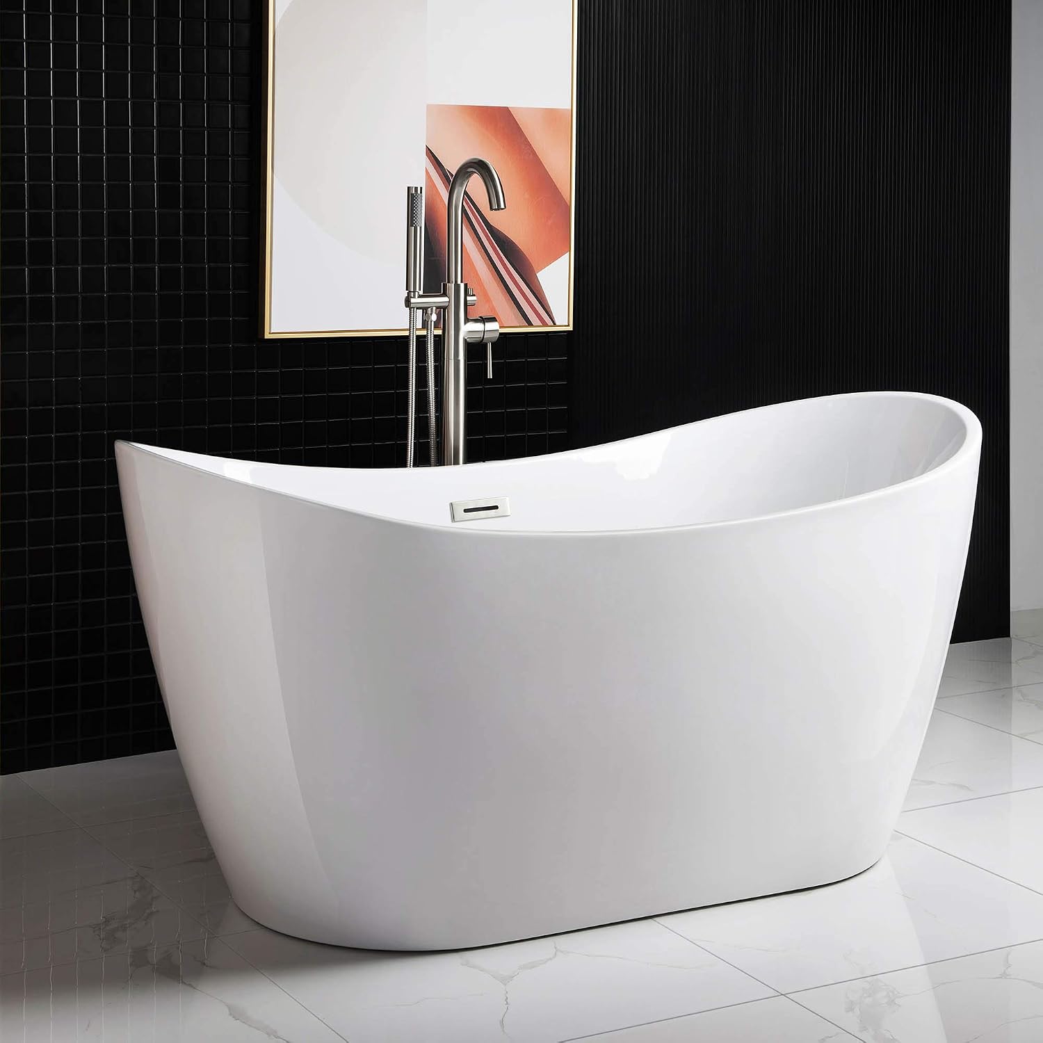 WOODBRIDGE 59' Acrylic Freestanding Bathtub Contemporary Soaking Tub with Brushed Nickel Overflow and Drain B-0016 -B/N-Drain &O