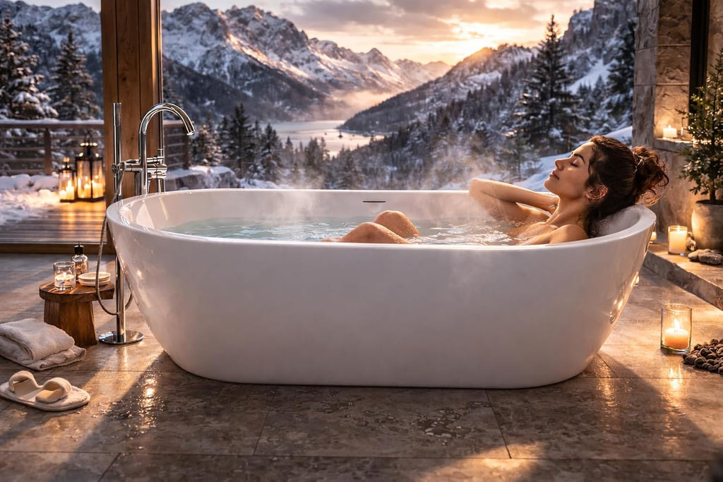 ANZZI 67 In Freestanding Acrylic Bathtub Flat Bottom Soaking Tub White Gloss Finish Integrated Overflow Modern Bathroom Mone Series 66.5 x 29.1 x 22.4 In Capacity 63.4 Gal | AMZFT903-67