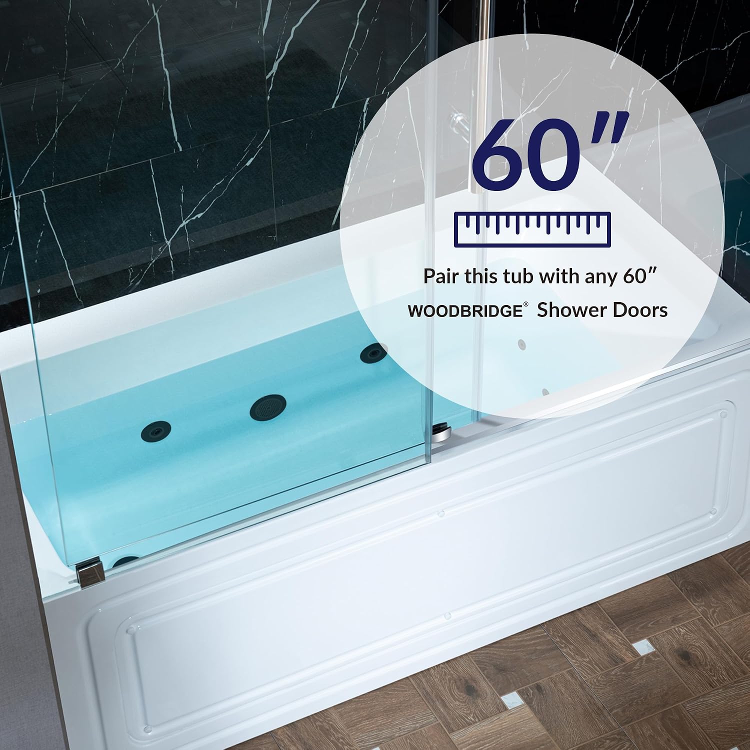 WOODBRIDGE 60' x 30' Alcove Acrylic Rectangular Whirlpool Heated Jetted Tub in White with Left Drain, Matte Black Finish, BS428-L-MB02
