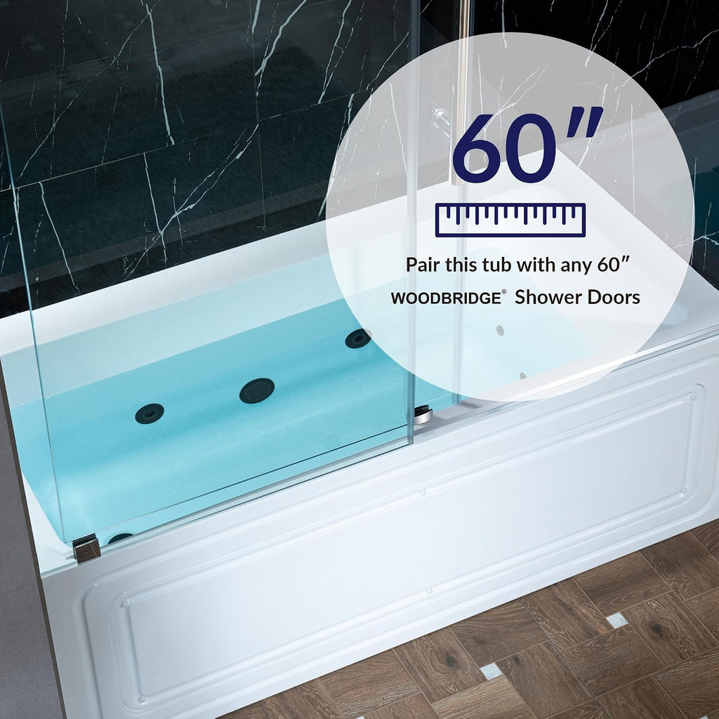 WOODBRIDGE 60' x 32' Alcove Acrylic Rectangular Whirlpool Heated Jetted Tub in White with Left Drain, Matte Black Finish, BS429-L-MB02