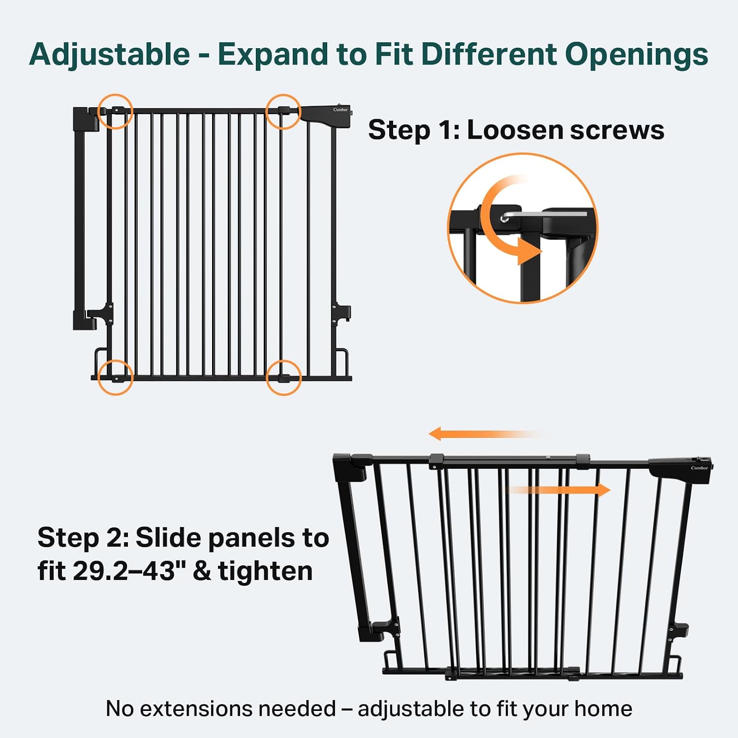 Cumbor 2 Pack 29.2-43' No Bottom Bar Baby Gate for Stairs, 2-in-1 Auto Close Dog Gate Indoor, Hardware Mounted Pet Gate for Doorways with Large Walk Thru Door, Child-Proof Safety Gate for Kids (Black)