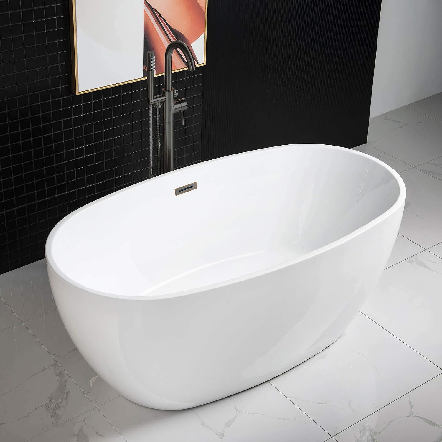 WOODBRIDGE 59'Freestanding White Acylic Soaking Bathtub with Oil-Rubbed Bronze Drain and Overflow,BTA1518 -ORB-Drain &O