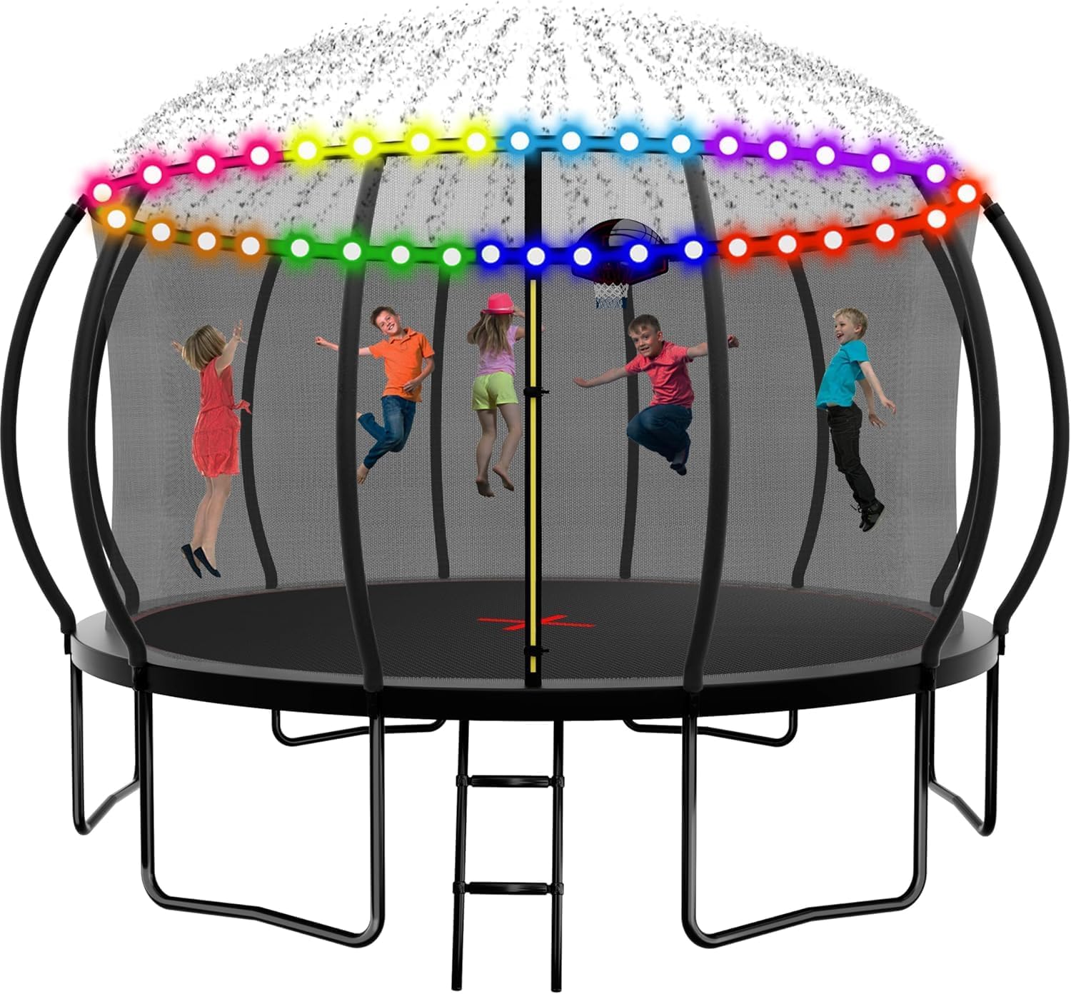 1500LBS 16FT 15FT 14FT 12 FT 10FT 8FT Tranpoline for Kids and Adults with Sprinkler, Lights with Music Speaker, Socks, Water Ball, Heavy Duty Outdoor Tranpoline with Net Enclosure and Ladder