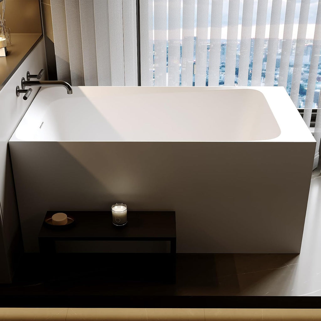 51'' Freestanding Bathtub for Adult, Contemporary Resin Stone Soaking Bathtub Solid Surface Modern Stand Alone Tub with Overflow and Pop-up Drain, Japanese soaking tub White (Rectangular)