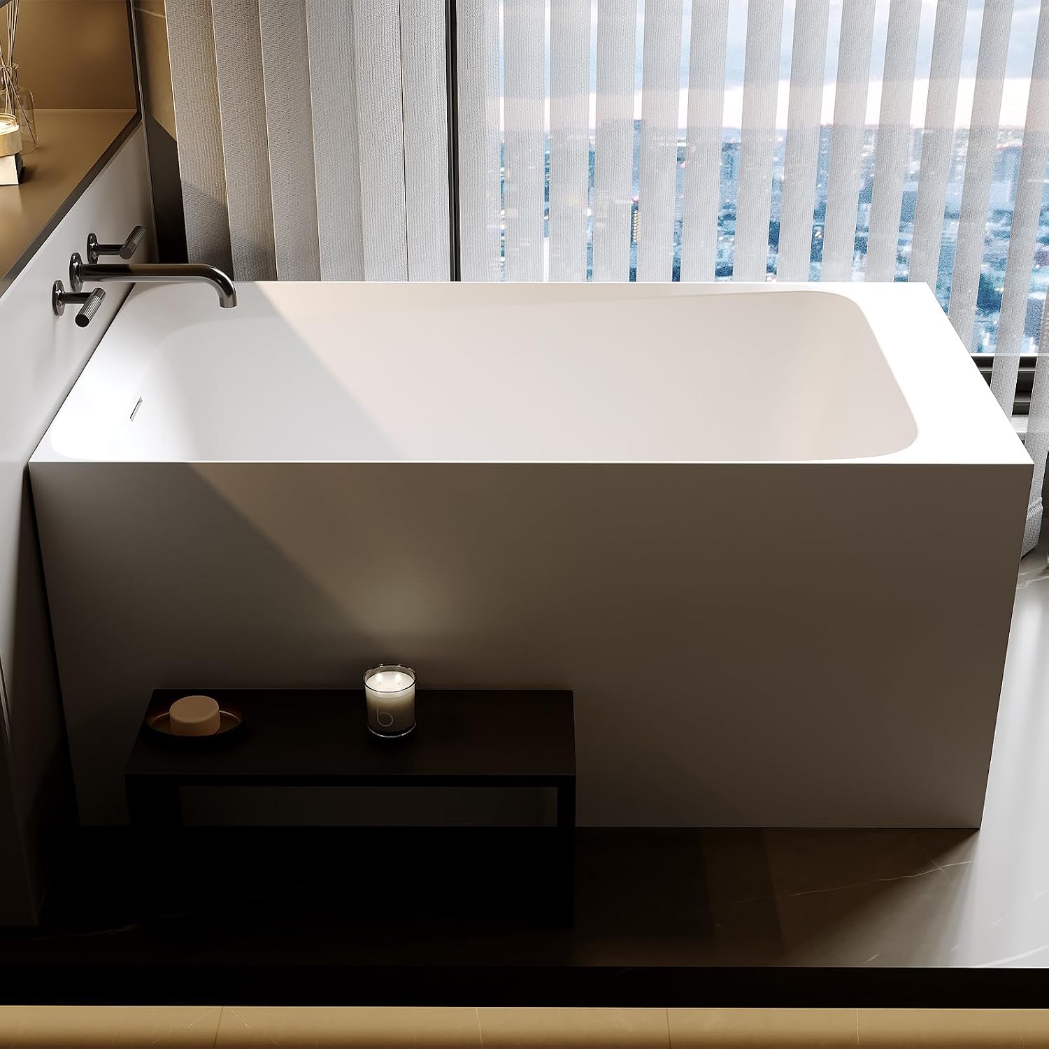 51'' Freestanding Bathtub for Adult, Contemporary Resin Stone Soaking Bathtub Solid Surface Modern Stand Alone Tub with Overflow and Pop-up Drain, Japanese soaking tub White (Rectangular)