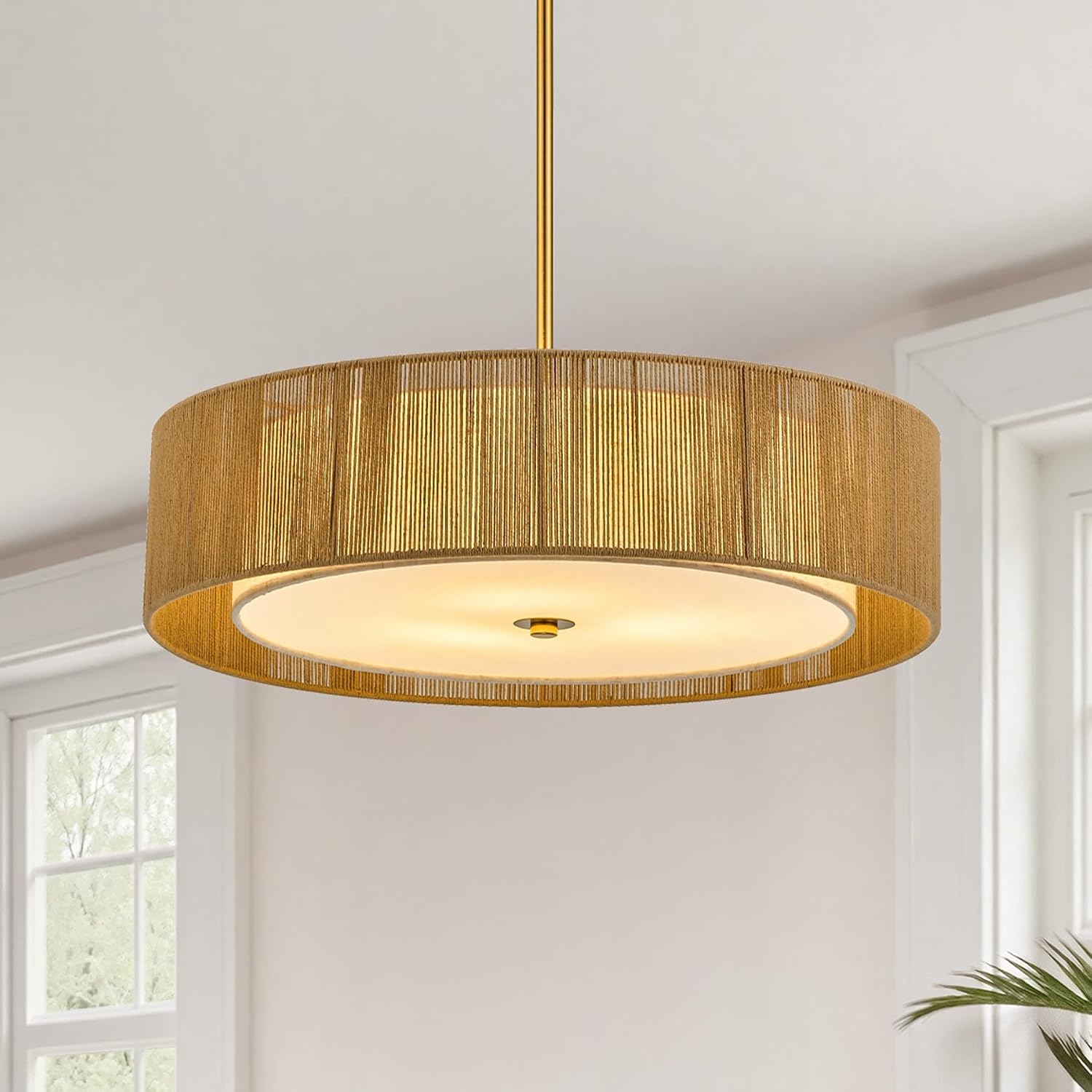 VONLUCE 20' Boho Rattan Chandelier, 4-Light Drum Chandelier with 2-Tier Woven Lampshade, Rattan Ceiling Light for Dining Room Bedroom Living Room with E26 Sockets, Gold Finish, ETL Certified