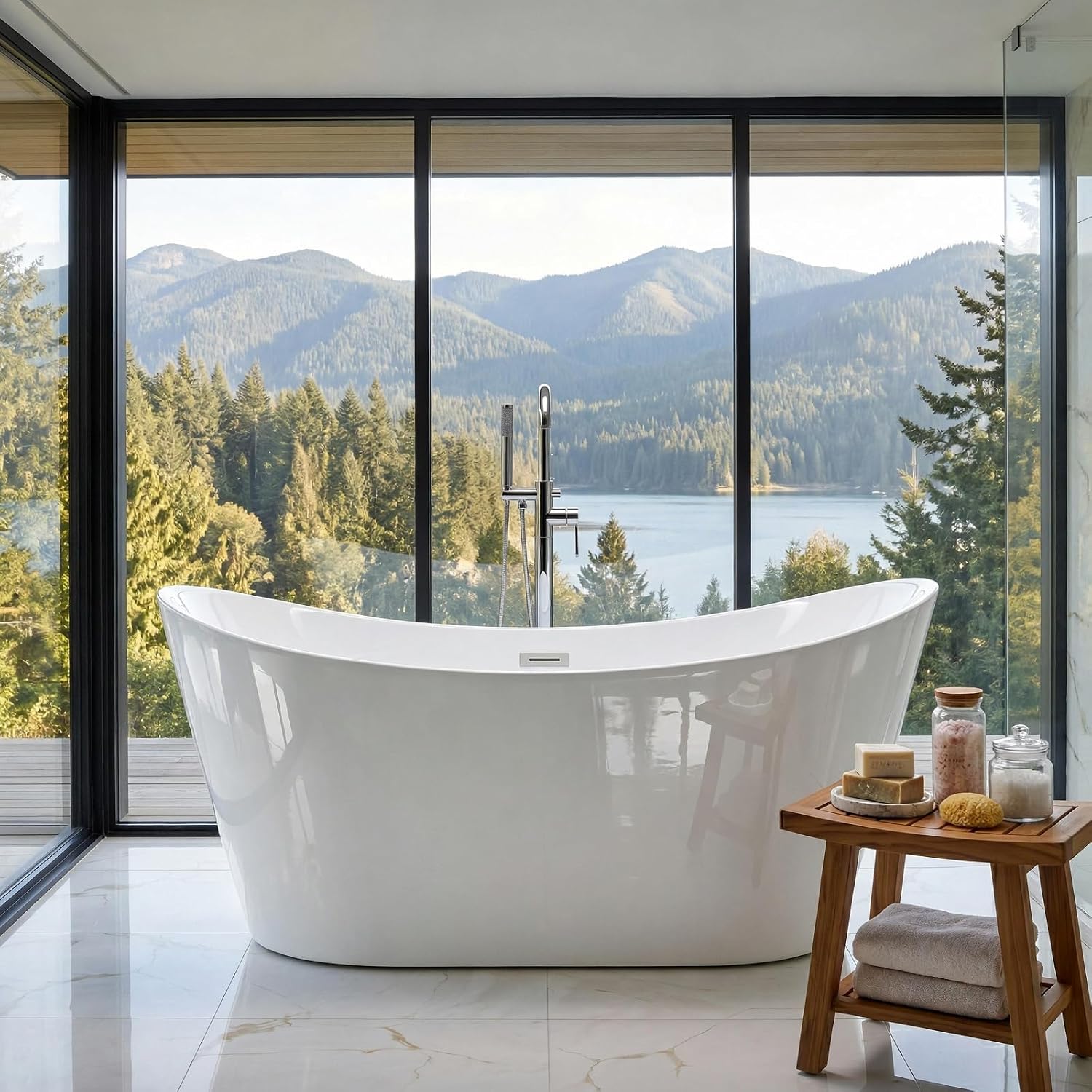 67' Acrylic Freestanding Bathtub,14' Deep Soaking Tub with Integrated Overflow & Drain,2 Person Soaking Tub,CUPC Certified, Chrome Drain Bath Tub,Modern Tub for Bathrooms,Double Backrest White