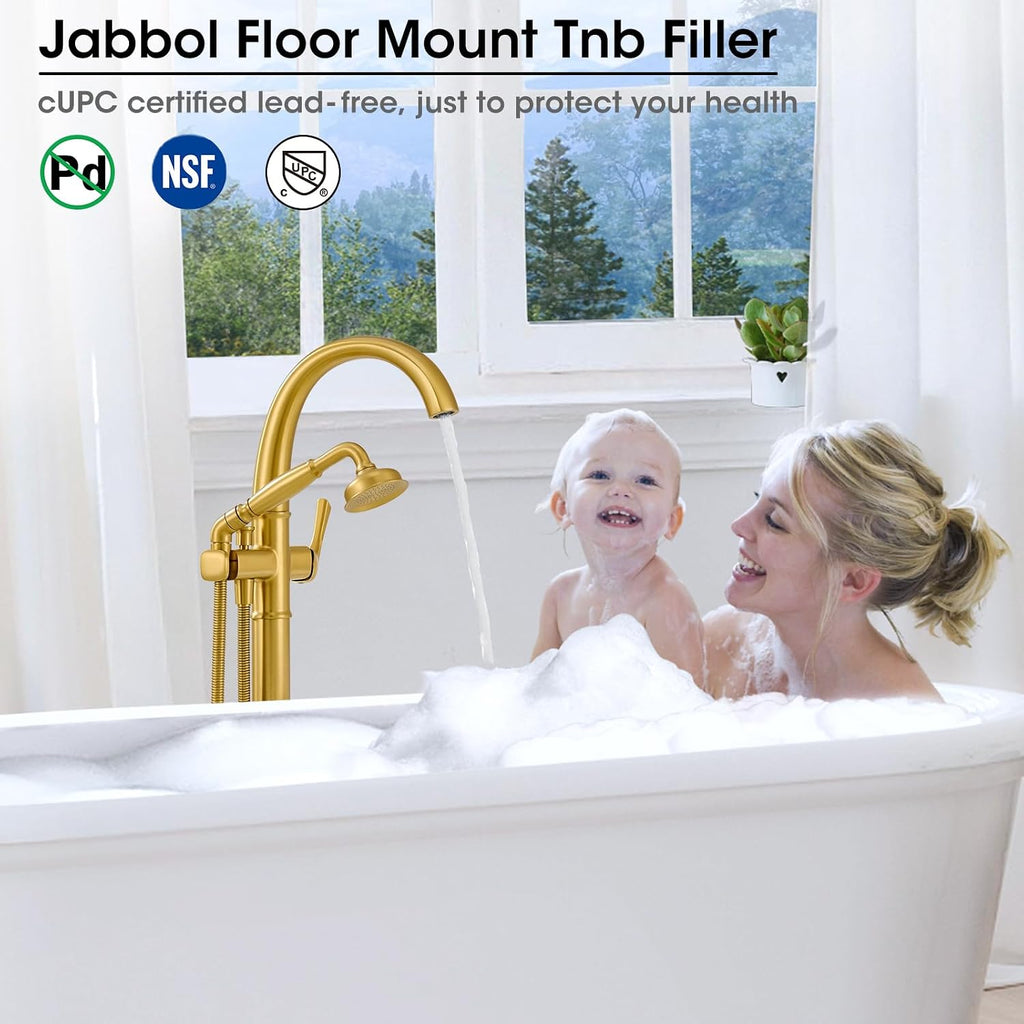 Free Standing Tub Faucet, Jabbol Luxury Freestanding Bathtub Faucet with Sprayer, Brass Bathroom Floor Mount Tub Filler, Brushed Gold (JB-8811BG)