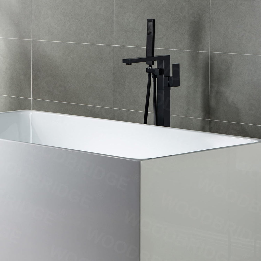WOODBRIDGE F0009BL Contemporary Single Handle Floor Mount Freestanding Tub Filler Faucet with Hand shower in Matte Black Finish