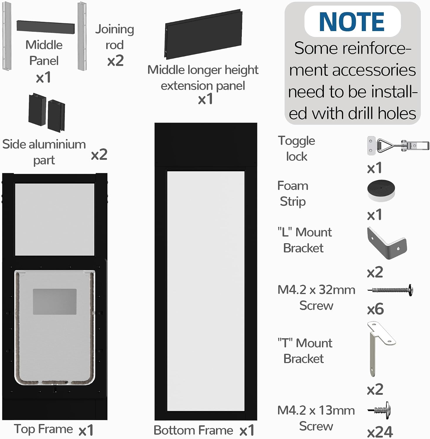 Elevon Dog Door for Sliding Glass Door, Doggie Door Insert with Magnetic Closing Latch Plate, Adjustable Height 83'-91' Slider Height, Patio Pets Door for Dogs, No-Cut Install, Black