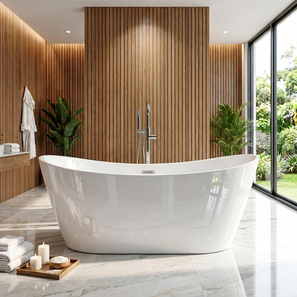 67' Acrylic Freestanding Bathtub,14' Deep Soaking Tub with Integrated Overflow & Drain,2 Person Soaking Tub,CUPC Certified, Chrome Drain Bath Tub,Modern Tub for Bathrooms,Double Backrest White