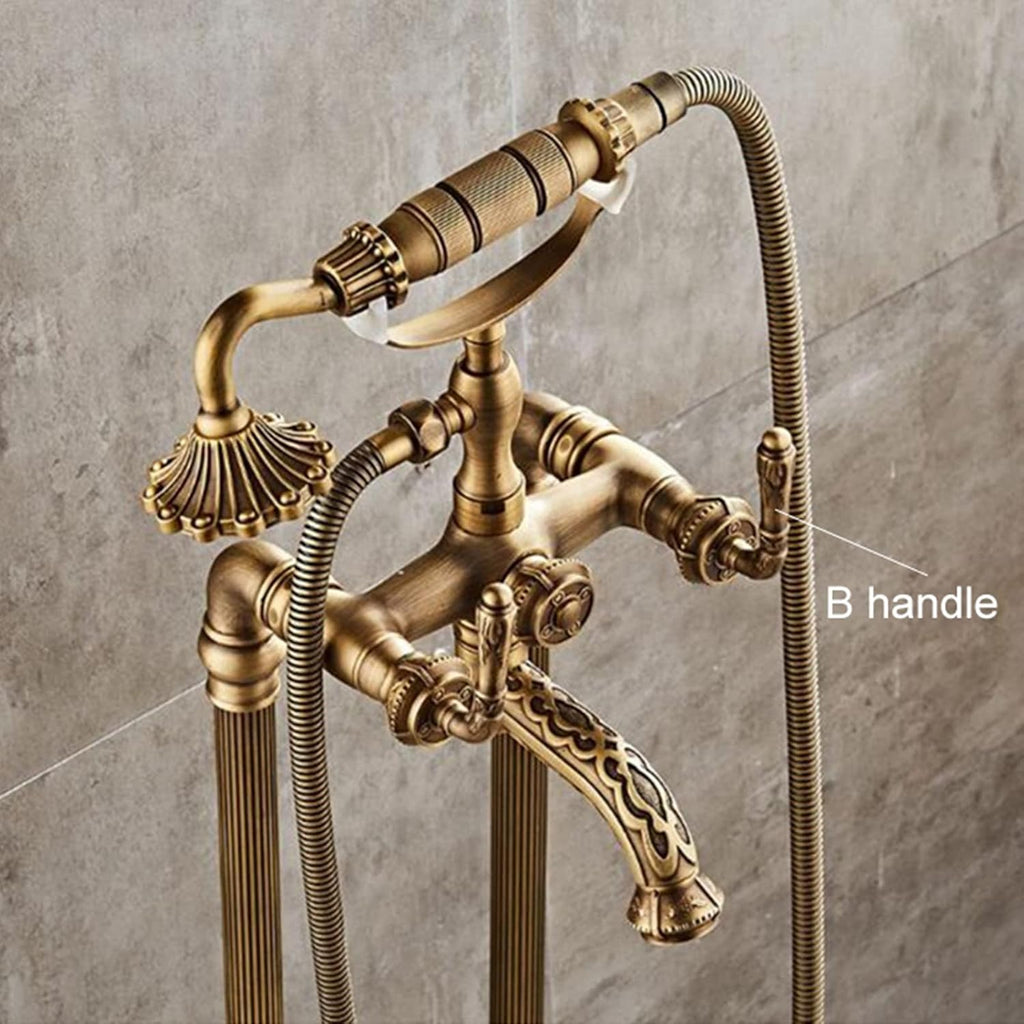 Floor Standing Bath Faucet, Brass Antique Freestanding Bath Filler with Single Handle Handheld Shower Faucet and High Flow Rotary Spout Mixer Faucet(Brass B)