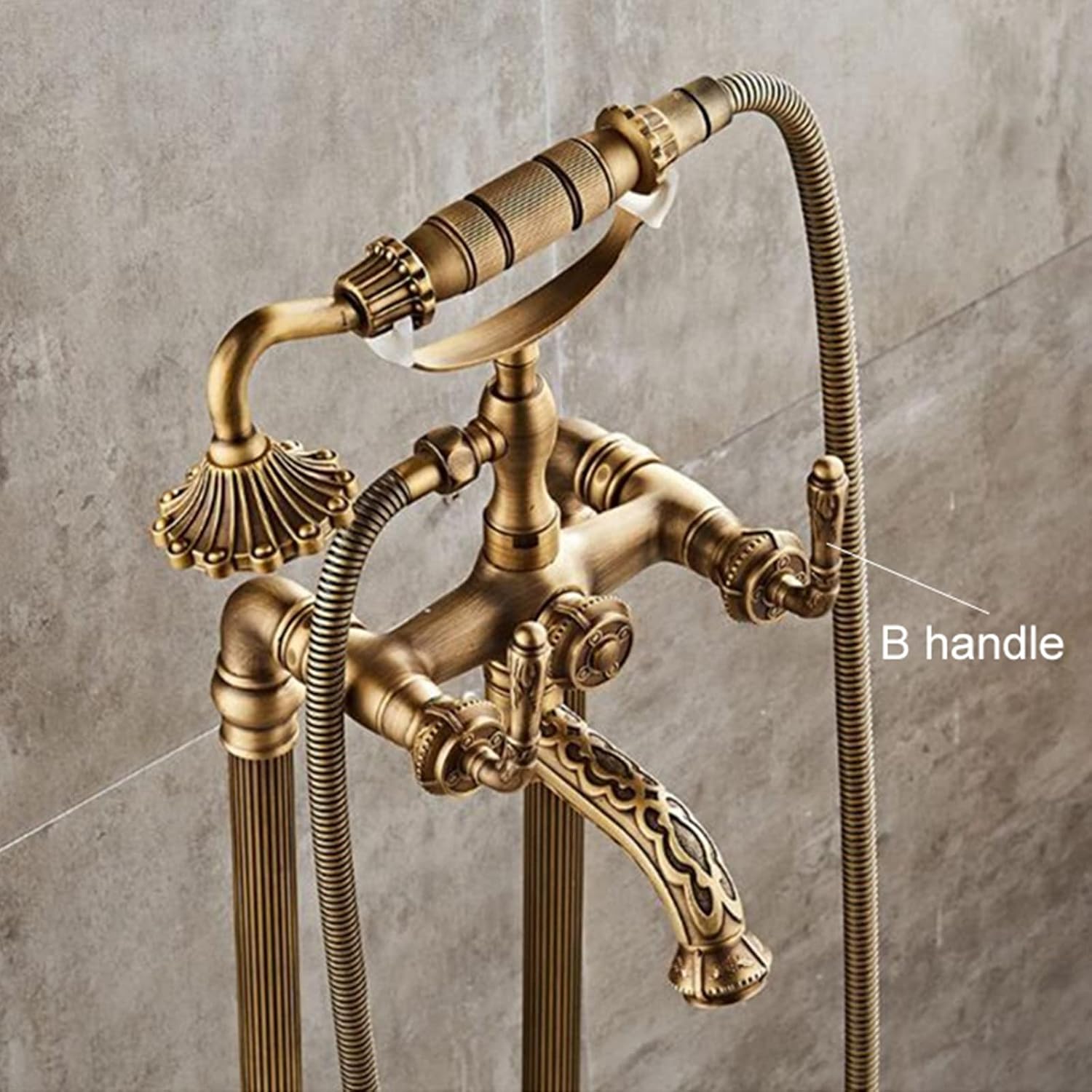 Floor Standing Bath Faucet, Brass Antique Freestanding Bath Filler with Single Handle Handheld Shower Faucet and High Flow Rotary Spout Mixer Faucet(Brass B)